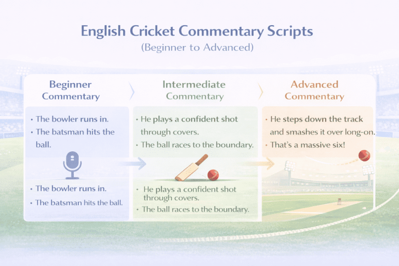 English Cricket Commentary Scripts (Beginner to Advanced)