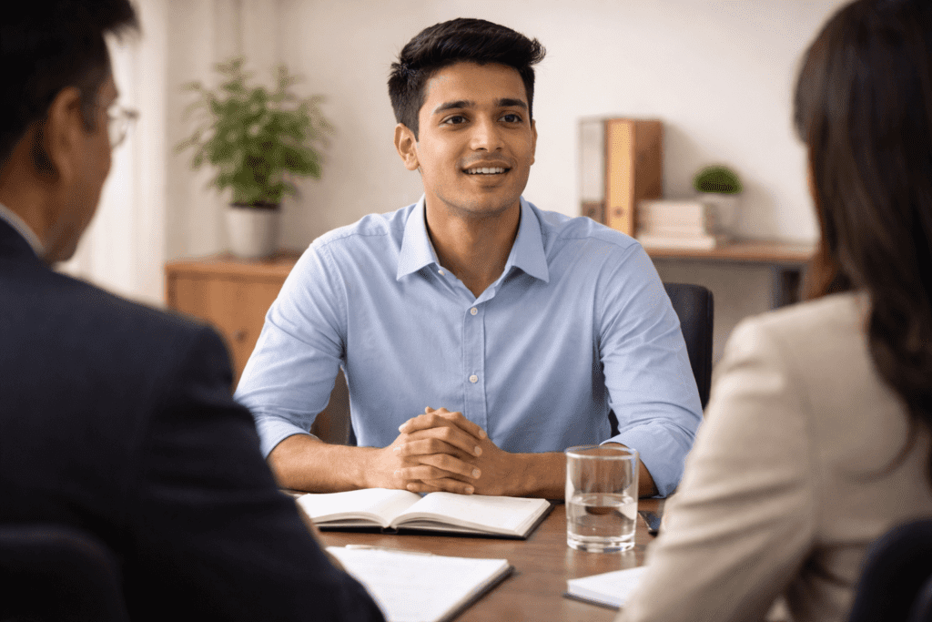 Confident student speaking English in campus placement interview