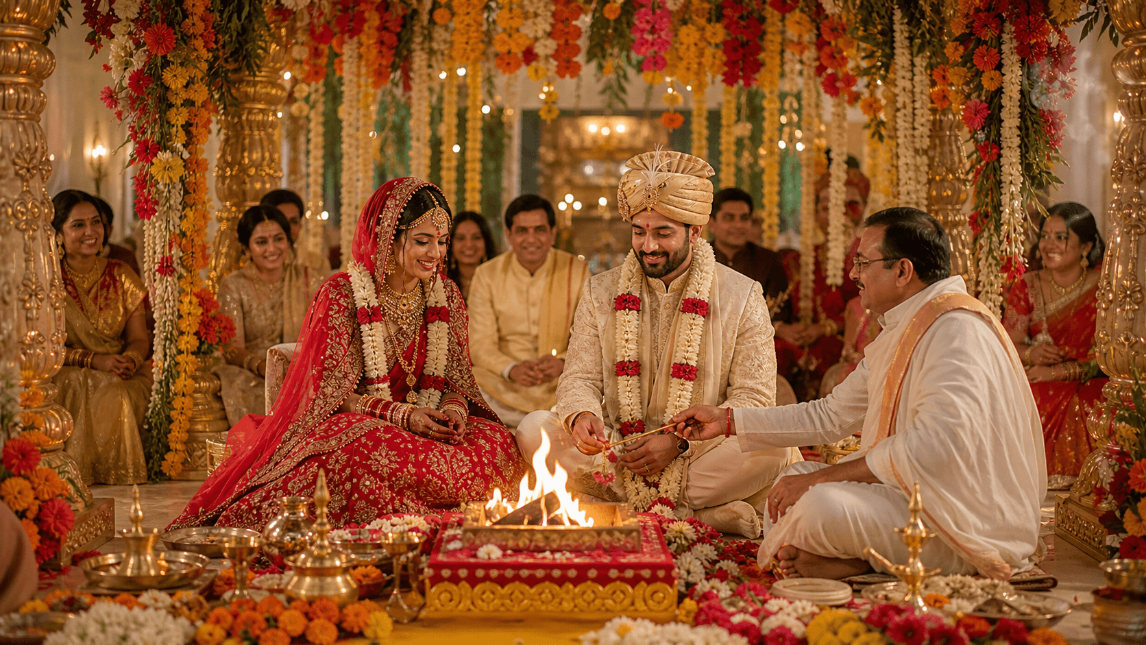 English vocabulary for Indian weddings and social events — bride and groom at a decorated Mandap with sacred fire